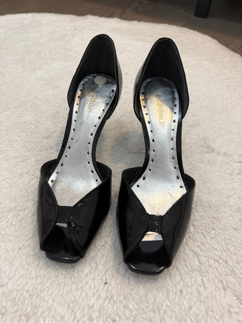 BCBGirls Black Patent Peep-Toe D'Orsay Heels